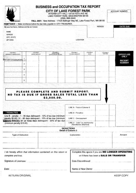 Business And Occupation Tax Report Form - City Of Lake Forest Park Printable pdf