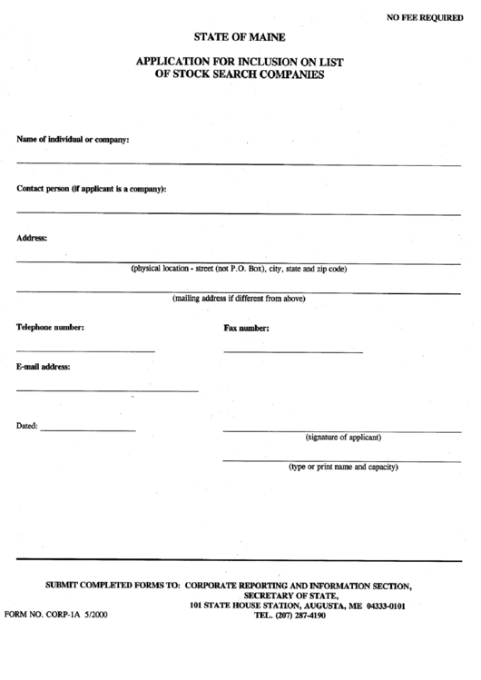 Form Corp-1a - Application For Inclusion On List Of Stock Search Companies Printable pdf