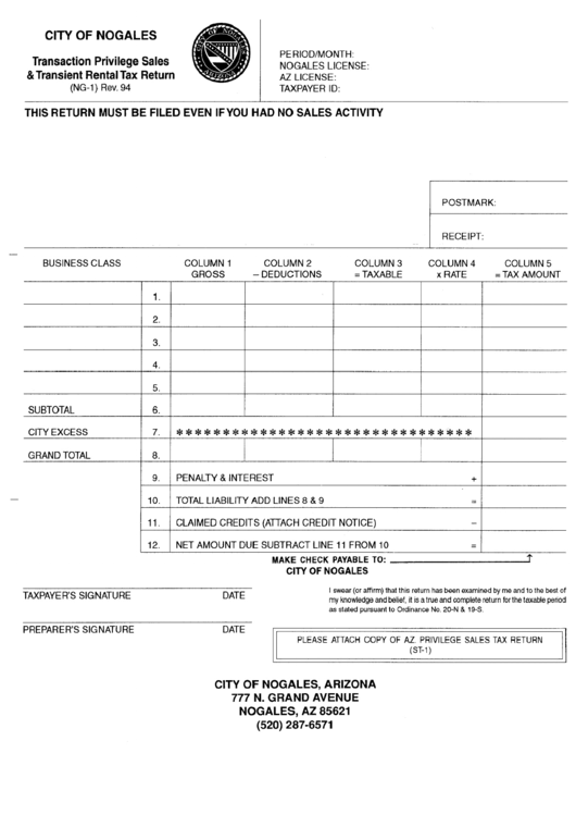Form Ng-1 - Transaction Privelege Sales & Transient Rental Tax Return - City Of Nogales Printable pdf