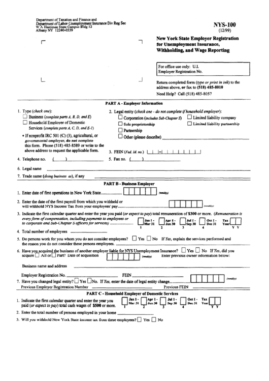 Form Nys - 100 - Employer Registration For Unemployment Insurance, Withholding, And Wage Reporting Printable pdf