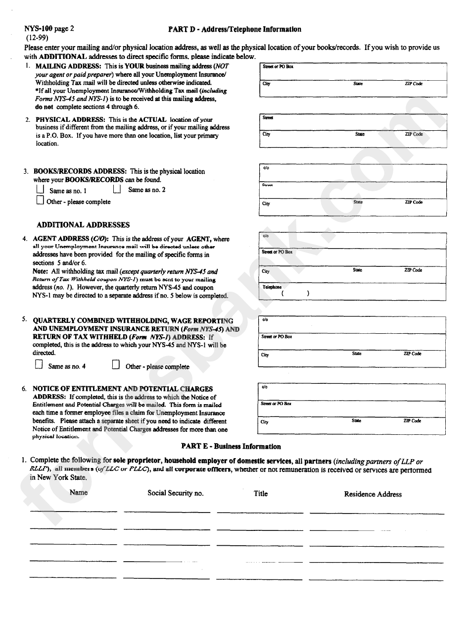 Form Nys - 100 - Employer Registration For Unemployment Insurance, Withholding, And Wage Reporting