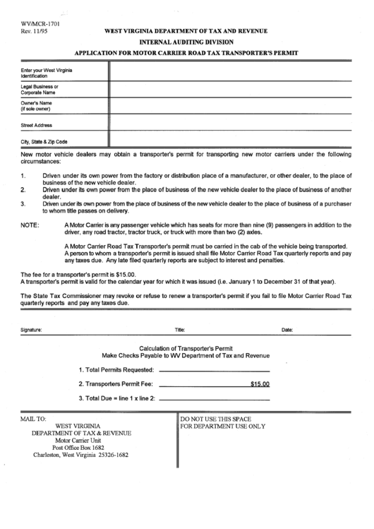 Form Wv/mcr-1701 - Application For Motor Carrier Road Tax Transporter