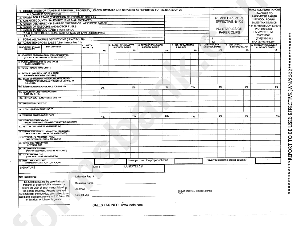 Sales And Use Tax Report Form - Lafayette Parish School Board