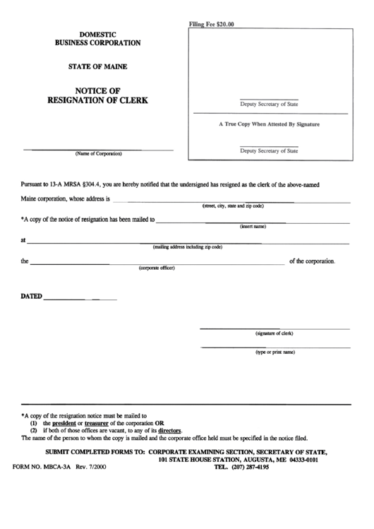 Form Mbca-3a - Notice Of Resignation Of Clerk Printable pdf