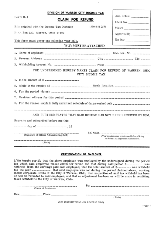 Form R-1 - Claim For Refund - City Of Warren Printable pdf