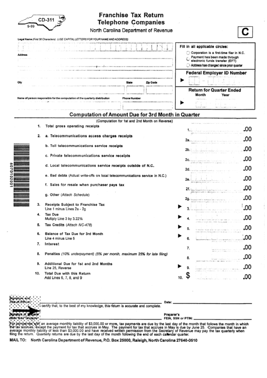 Form Cd-311 - Franchise Tax Return - Telephone Companies Printable pdf