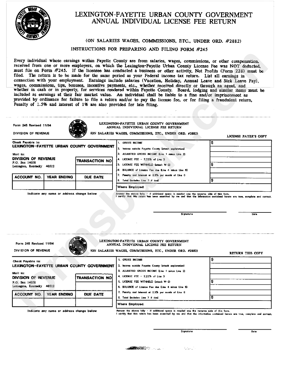 Form 245 - Annual Individual License Fee Return