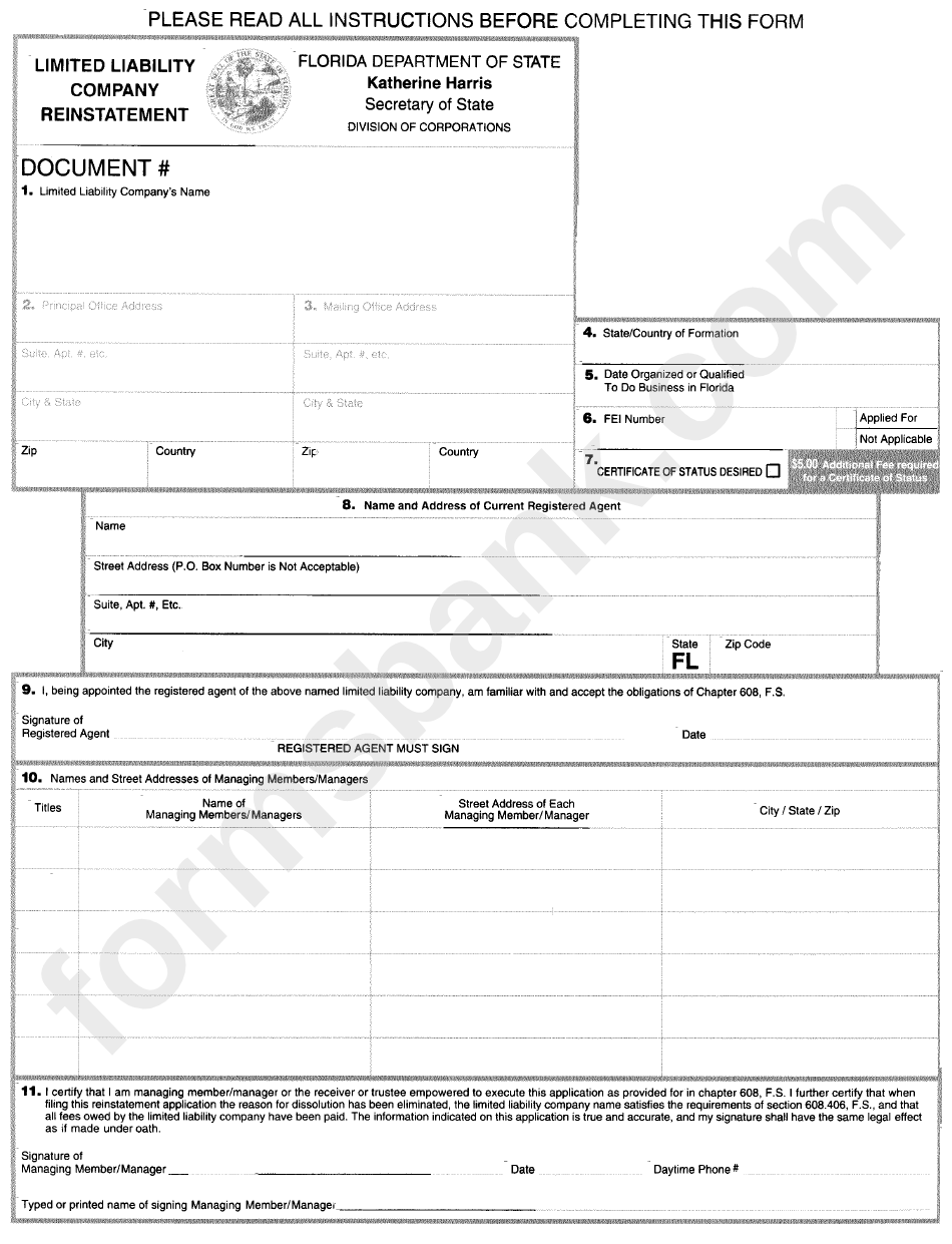 Limited Liability Company Reinstatement Form