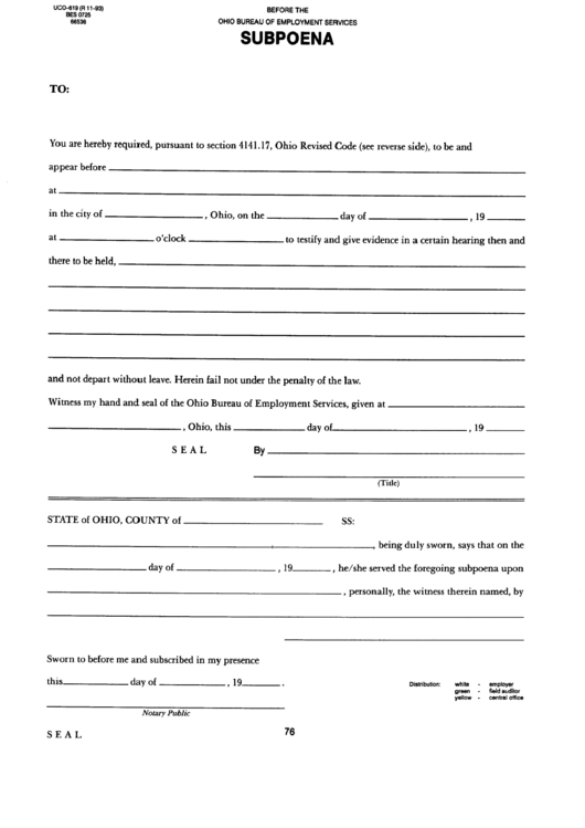 Form Ucd-619 - Subpoena Printable pdf