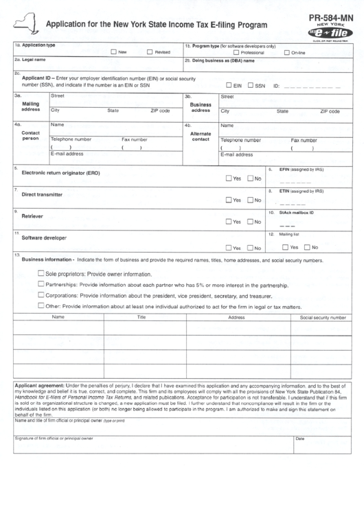 Form Pr-584-Mn - Application For The Nys Income Tax E-Filing Program Printable pdf