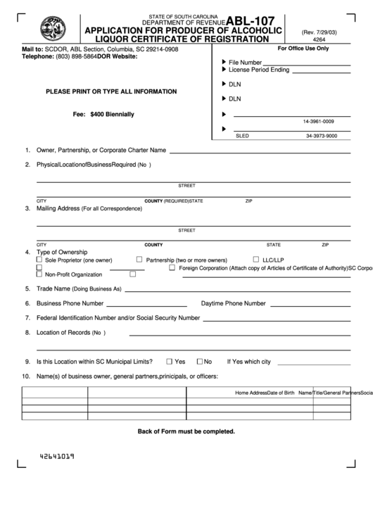 Form Abl-107 - Application For Producer Of Alcoholic Liquor Certificate Of Registration July 2003 Printable pdf
