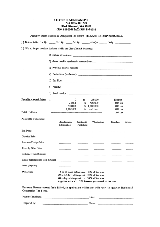 Quarterly / Yearly Business & Occupation Tax Return Form - City Of Black Diamond Printable pdf