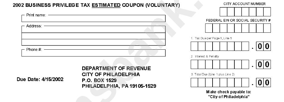 2002 Business Privilege Tax Estimated Coupon Form