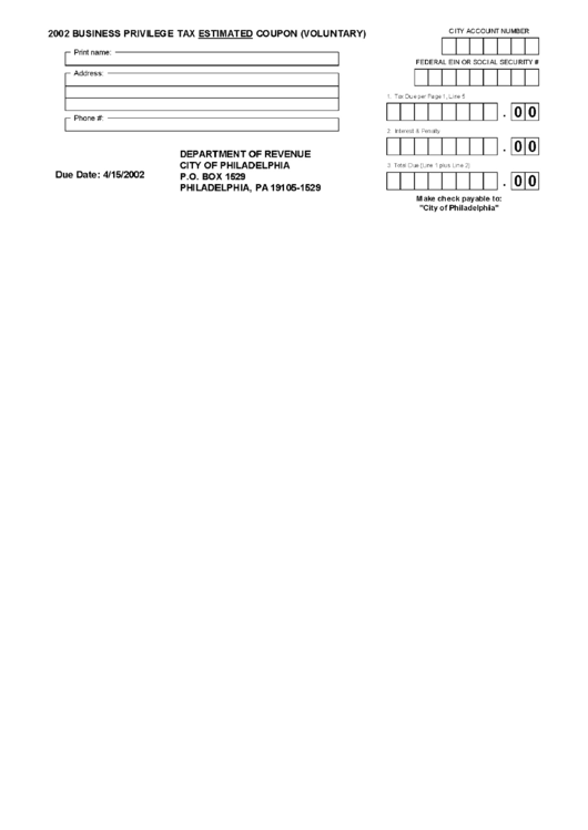 2002 Business Privilege Tax Estimated Coupon Form Printable pdf