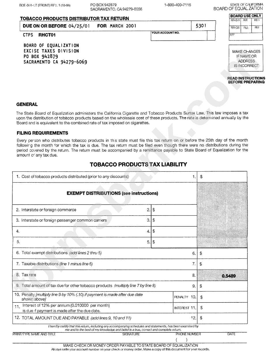 Form Boe-501-Ct - Tobacco Products Distribution Tax Return