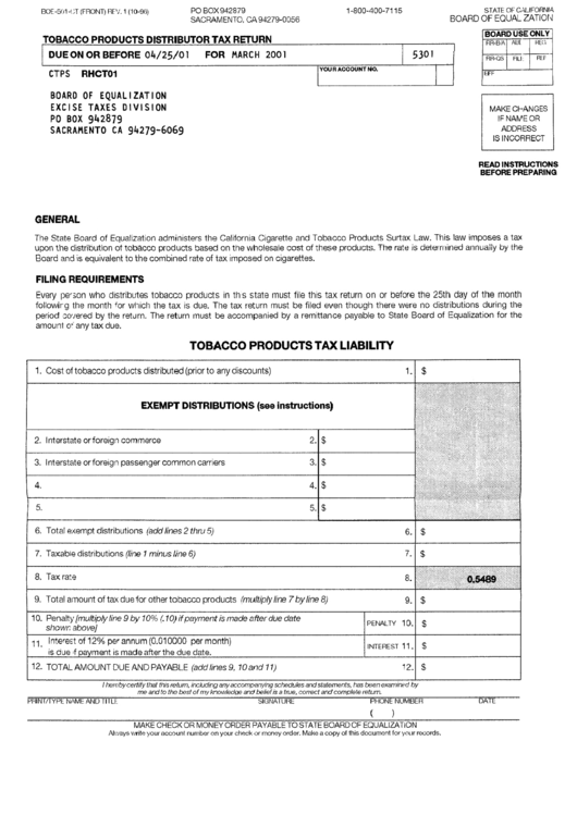 Form Boe-501-Ct - Tobacco Products Distribution Tax Return Printable pdf