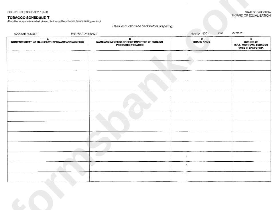 Form Boe-501-Ct - Tobacco Products Distribution Tax Return