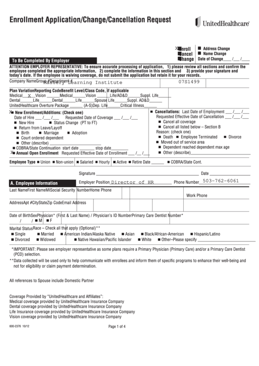 Enrollment Application/change/cancellation Request Form - Unitedhealthcare Printable pdf