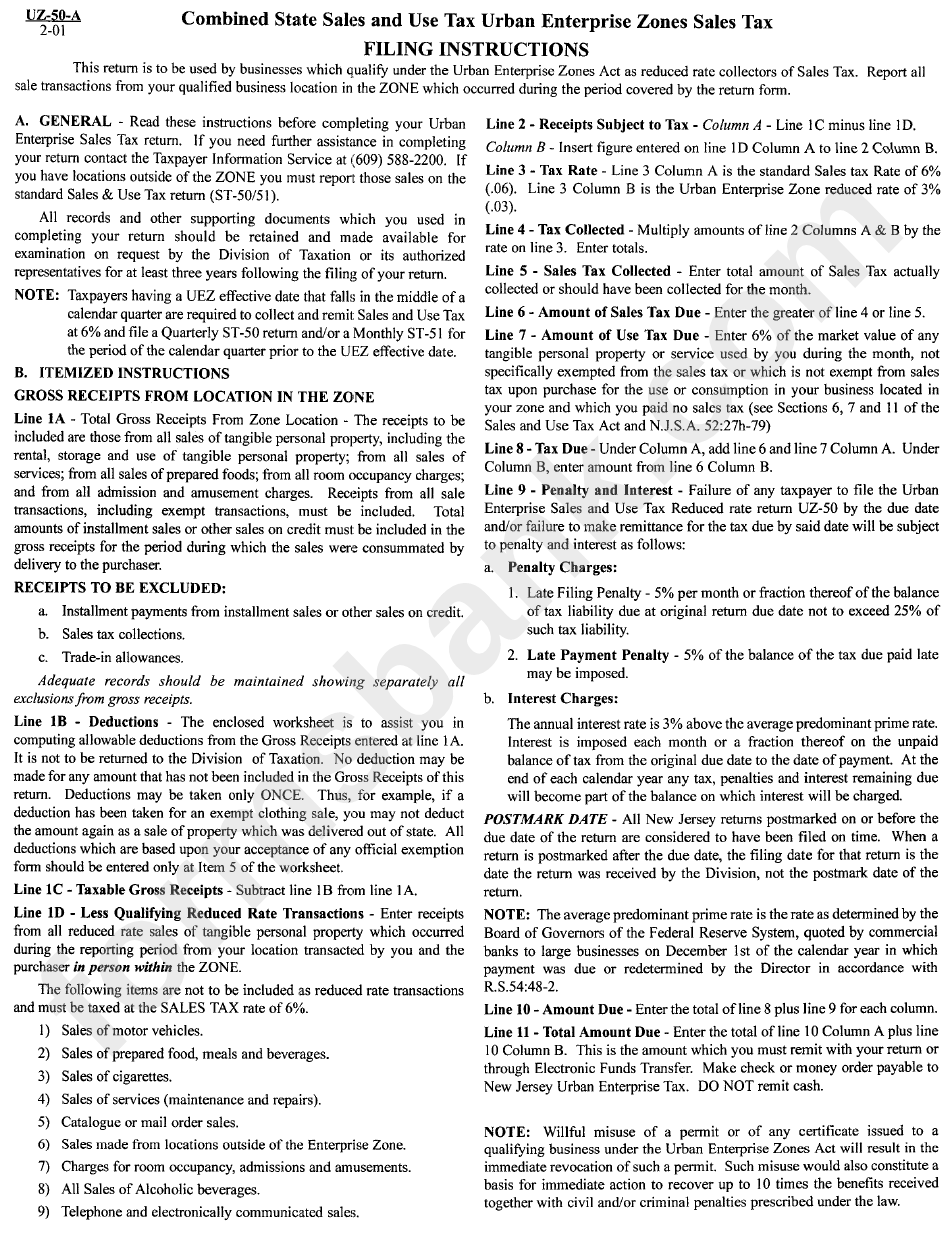 Form Uz-50-A - Combined State Sales And Use Tax Urban Enterprise Zones Sales Tax - Instructions