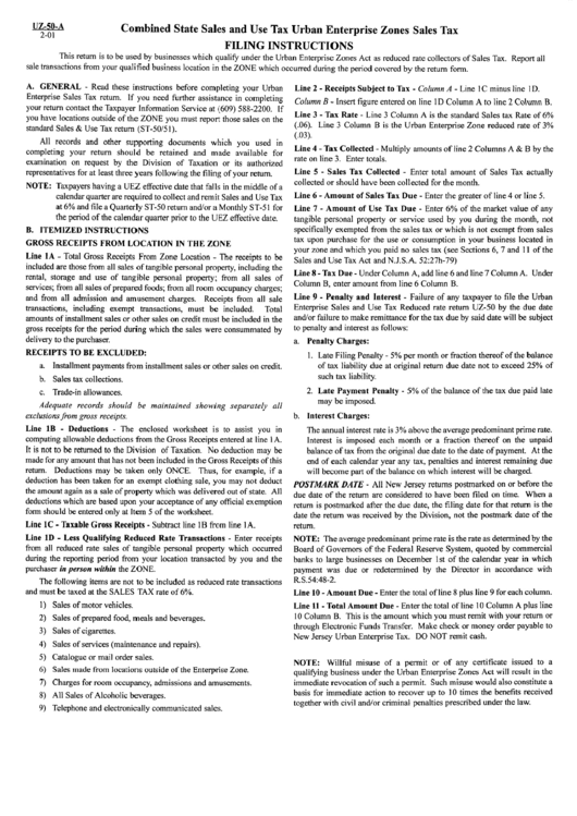 Form Uz-50-A - Combined State Sales And Use Tax Urban Enterprise Zones Sales Tax - Instructions Printable pdf