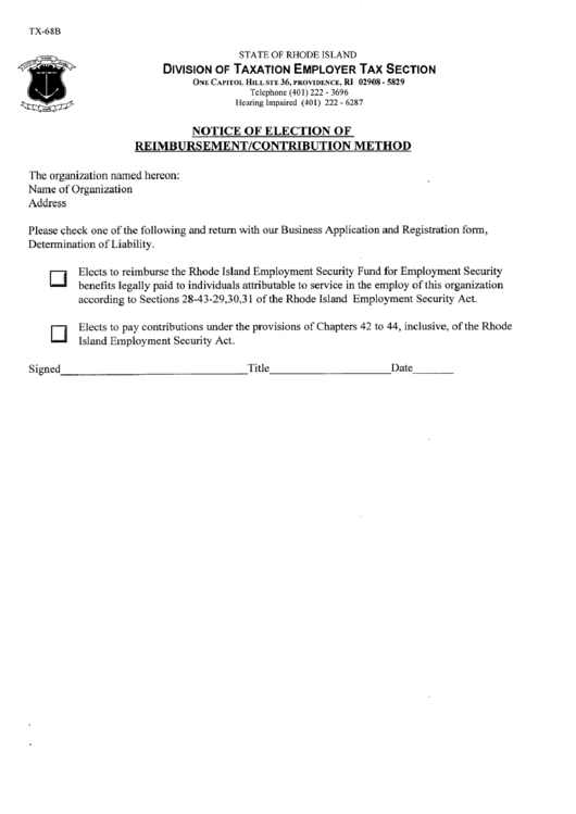 Form Tx-68b - Notice Of Election Of Reimbursement / Contribution Method Printable pdf