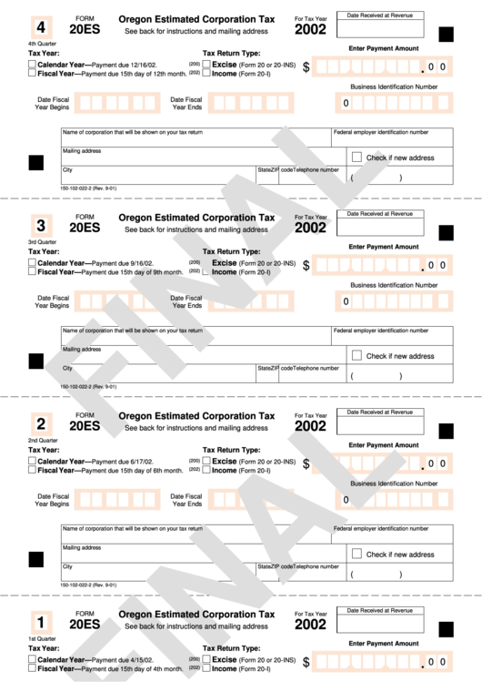 Form 20es - Oregon Estimated Corporation Tax - 2002 Printable pdf