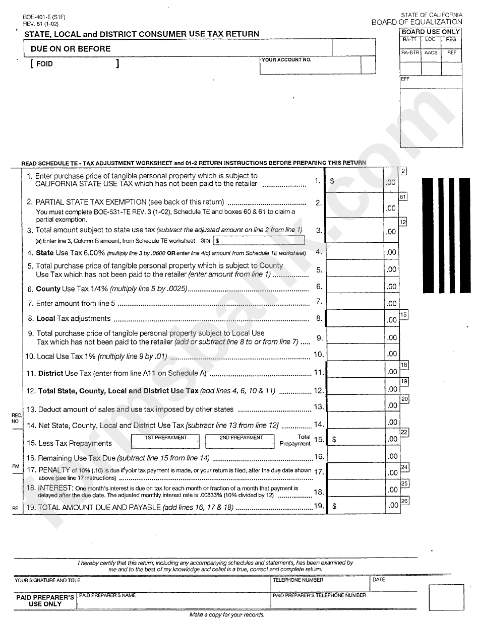 Form Boe-401-E - State, Local And District Consumer Use Tax Return