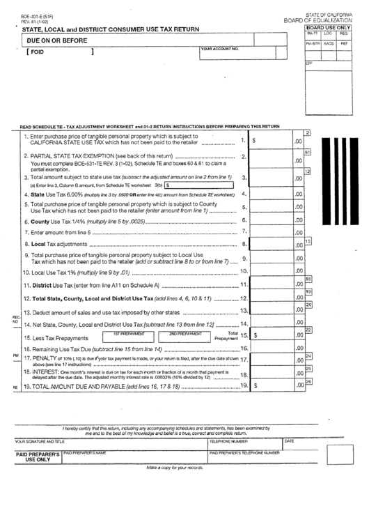 Form Boe-401-E - State, Local And District Consumer Use Tax Return Printable pdf