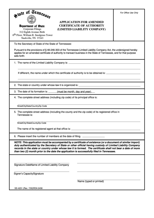 Form Ss-4231 - Application For Amended Certificate Of Authority (Limited Liability Company) Printable pdf