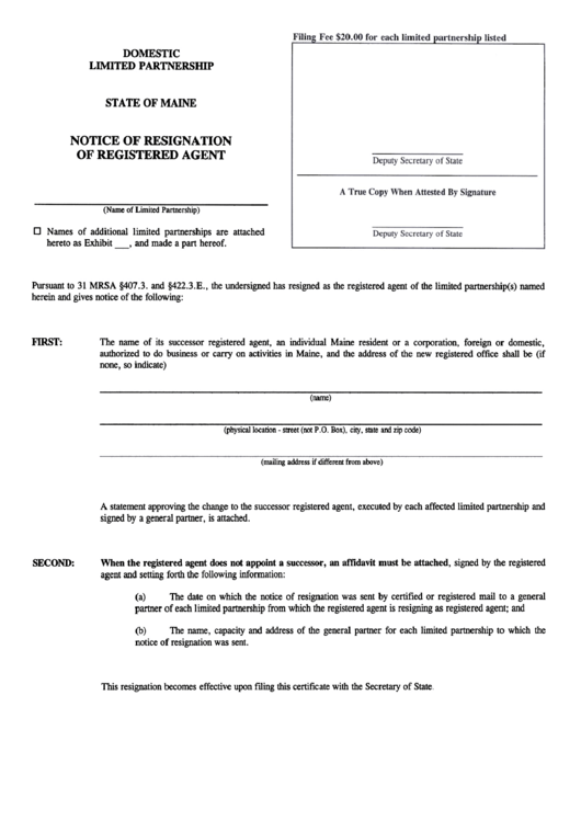Form Mlpa-3a - Notice Of Resignation Of Registered Agent Printable pdf