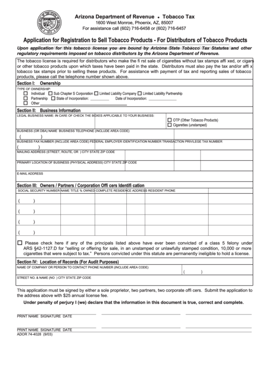 Form Ador 74-4028 - Application For Registration To Sell Tobacco Products Form- For Distributors Of Tobacco Products - Arizona Department Of Revenue Printable pdf