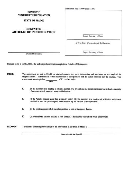 Form Mnpca-6a - Domestic Nonprofit Corporation Restated Articles Of Incorporation Printable pdf