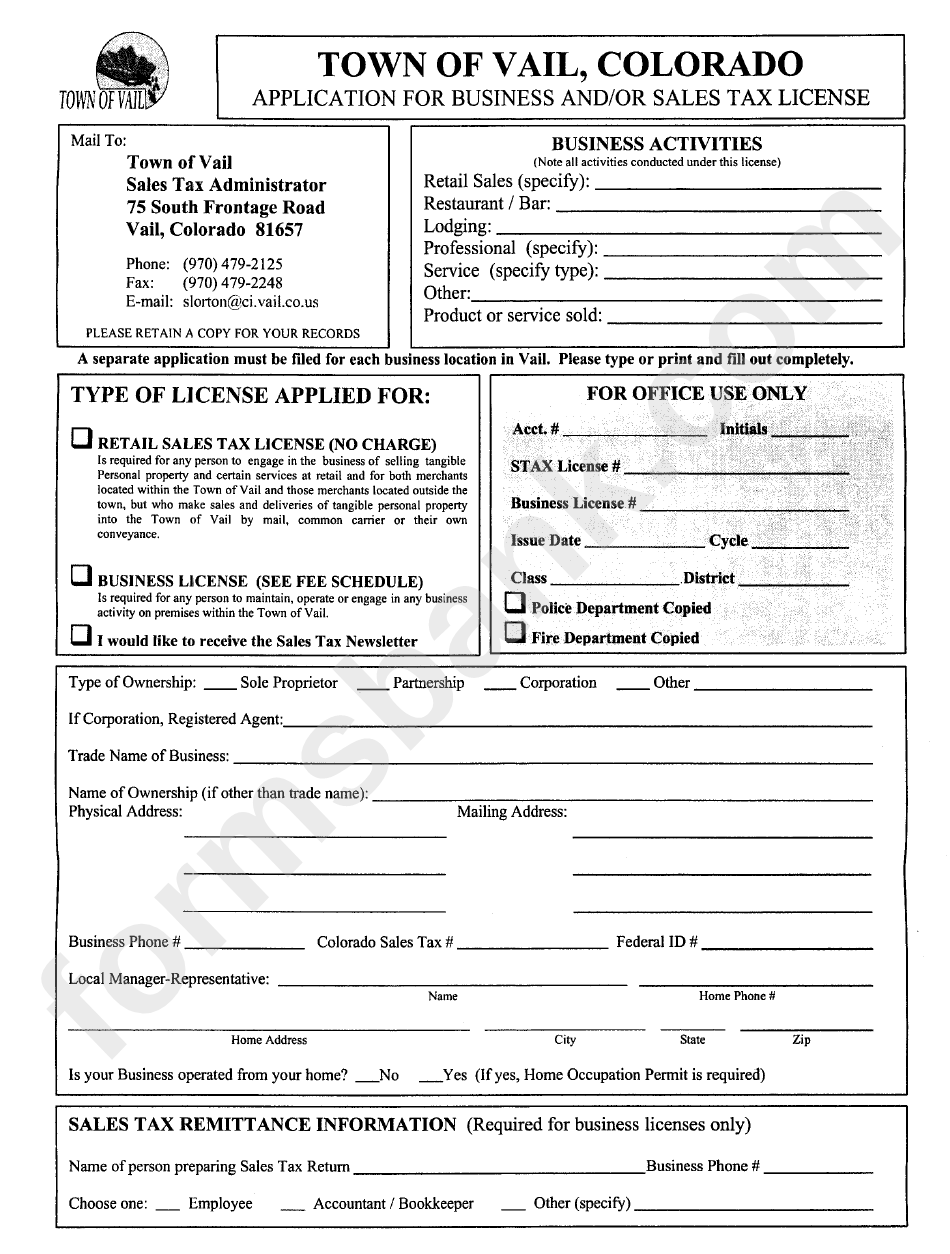 Application For Business And/or Sales Tax License Form