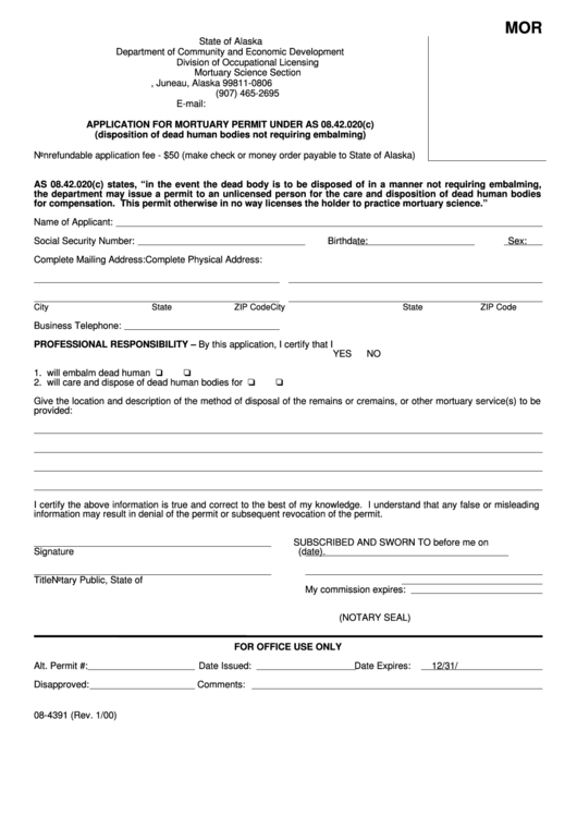 Form 08-4391 - Application For Mortuary Permit Printable pdf