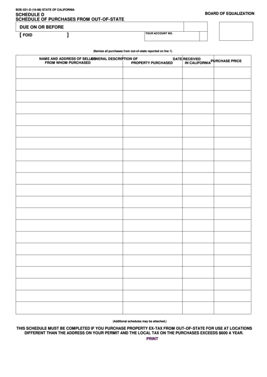 Fillable Form Boe-531-D - Schedule Of Purchases From Out-Of-State Printable pdf