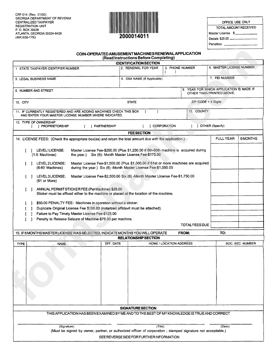 Form Crf-014 - Coin-Operated Amusement Machines Renewal Application Form