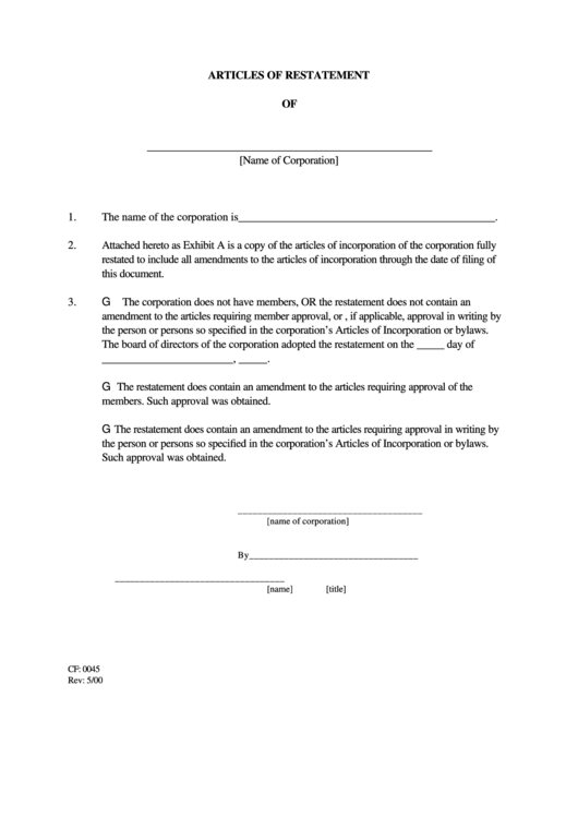 Articles Of Restatement Form - 2000 Printable pdf