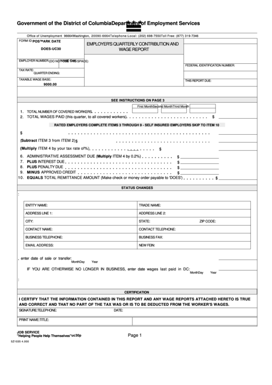Form Does-uc30 - Employer's Quarterly Contribution And Wage Report Form