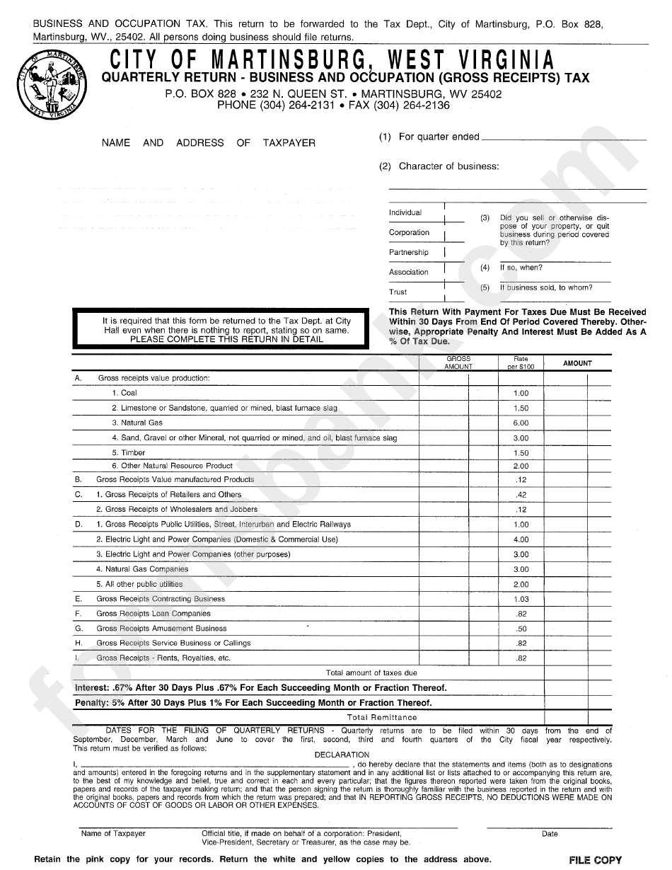 Quarterly Return - Business And Occupation (Gross Receipts) Tax Form