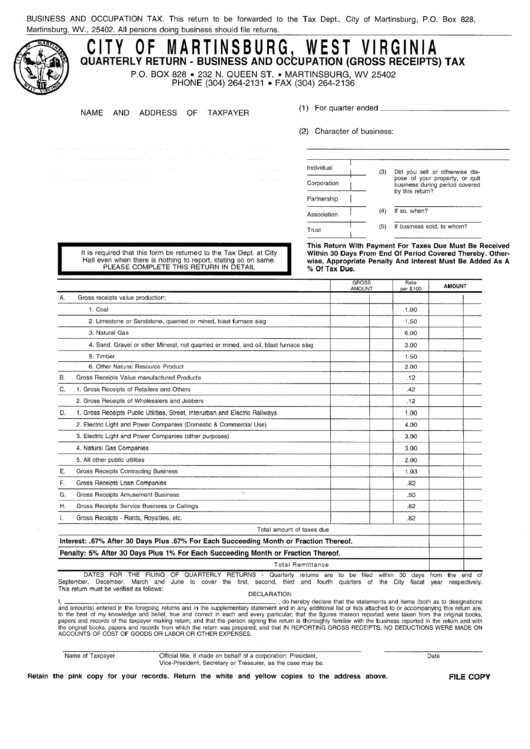 Quarterly Return - Business And Occupation (Gross Receipts) Tax Form Printable pdf