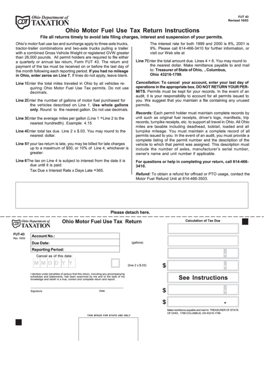 Form Fut 43 - Ohio Motor Fuel Use Tax Return Form - Ohio Department Of Taxation Printable pdf