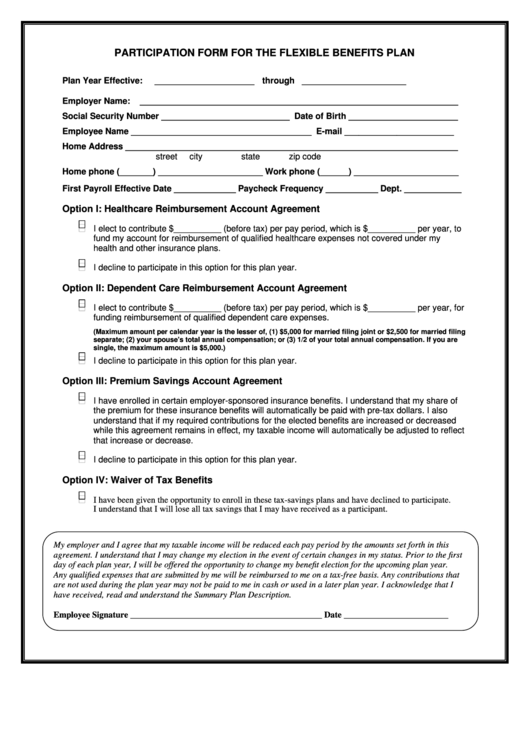 Participation Form For The Flexible Benefits Plan Printable pdf