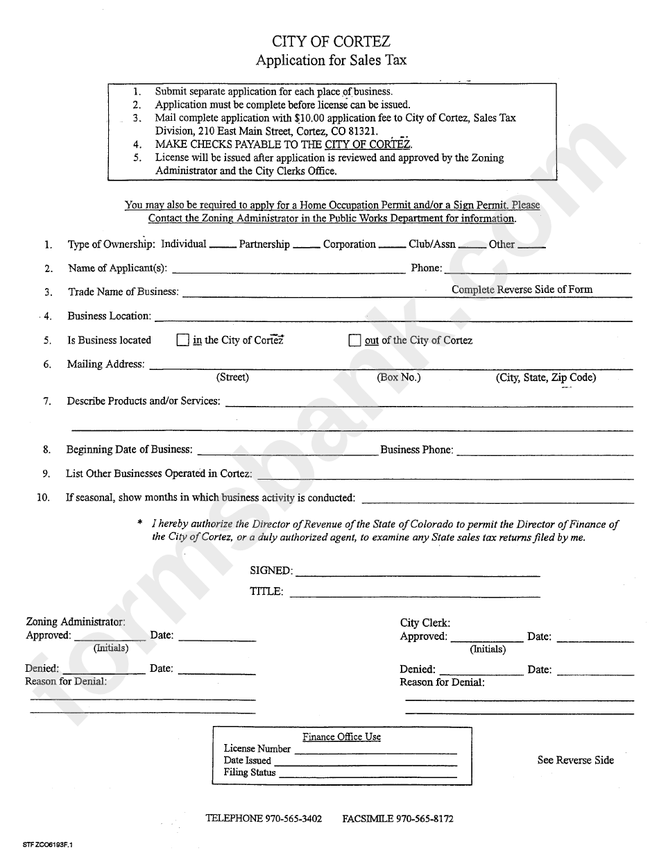 Application For Sales Tax Form - City Of Cortez