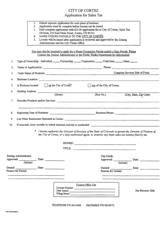 Application For Sales Tax Form - City Of Cortez Printable pdf