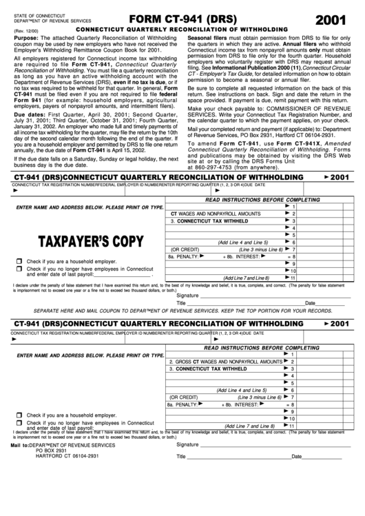 Form Ct-941 - Connecticut Quarterly Reconciliation Of Withholding - 2001 Printable pdf
