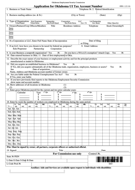 Fillable Form Oes-1 - Application For Oklahoma Ui Tax Account Number Printable pdf
