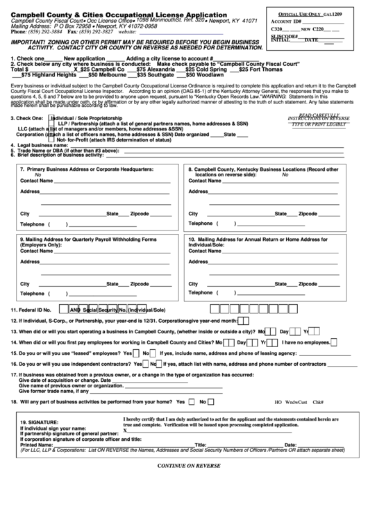 Occupational License Application Form Printable pdf