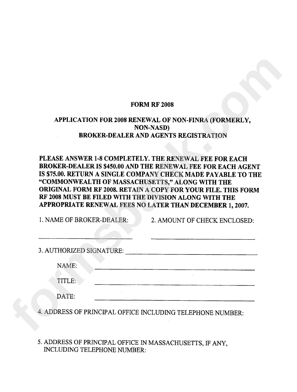 Form Rf - Application For Renewal Of Non-Frinra Broker-Dealer And Agents Registration - 2008