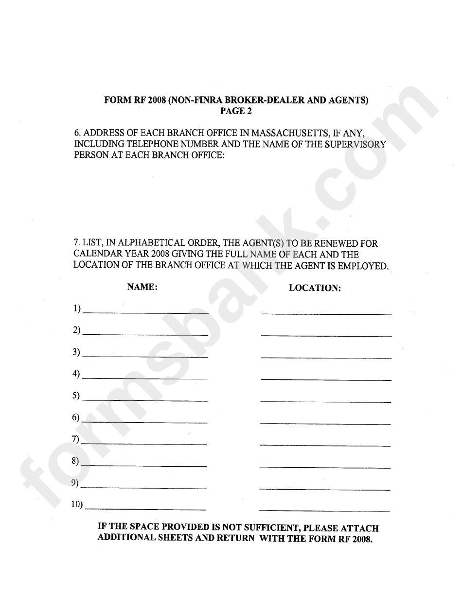 Form Rf - Application For Renewal Of Non-Frinra Broker-Dealer And Agents Registration - 2008