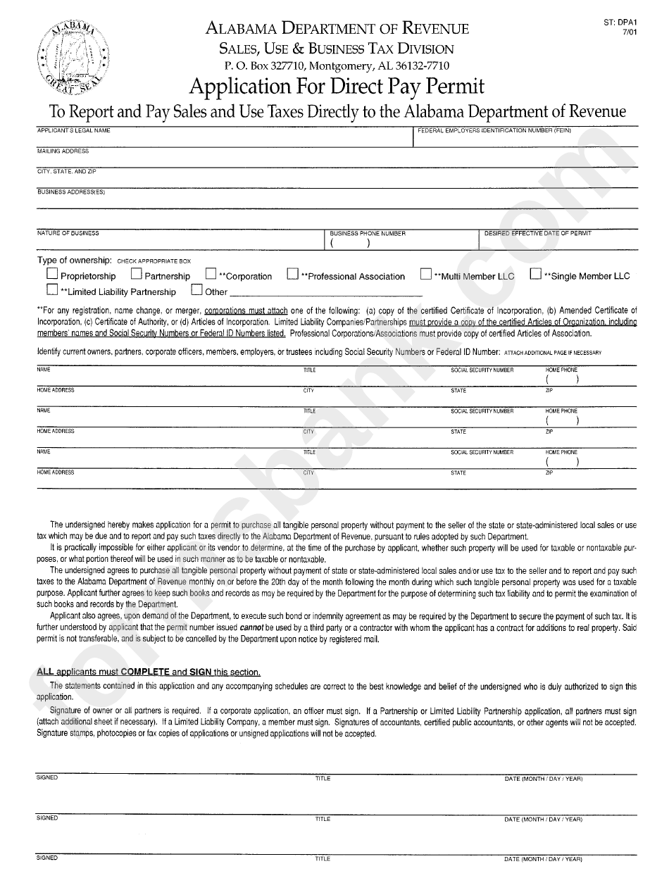 Form St: Dpa1 - Application For Direct Pay Permit Form To Report And Pay Sales And Use Taxes Directly To The Alabama Department Of Revenue